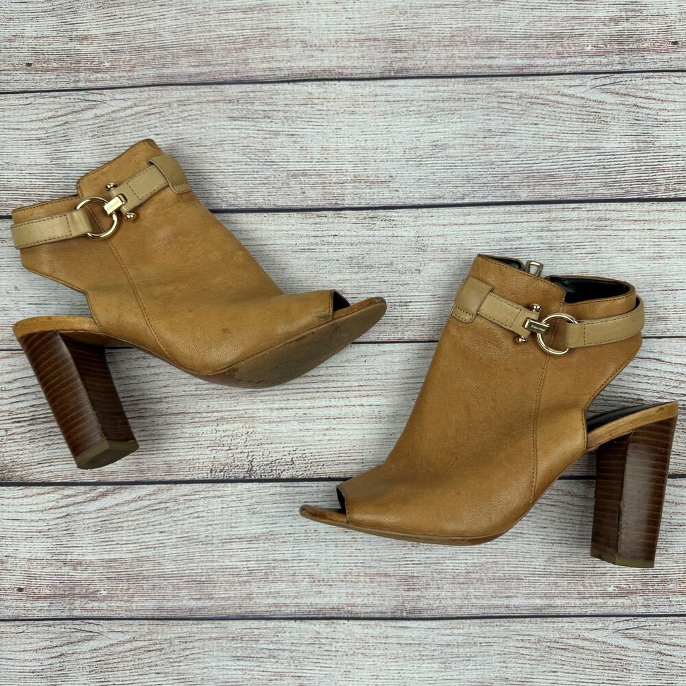 Coach Lafayette Light Brown Leather W/ Wooden Stacked Heel Peep Toe Boots